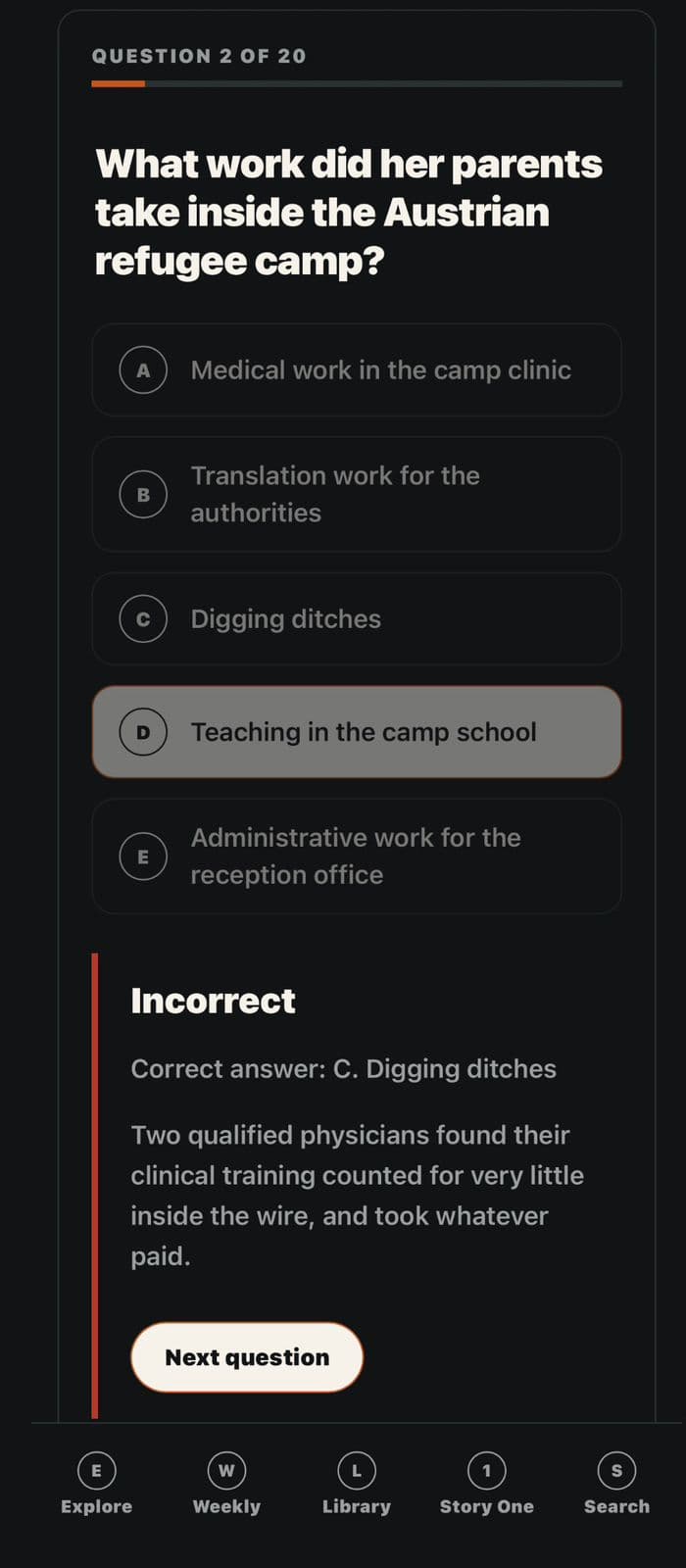 The marking screen after a written answer, showing the answer marked and the exact sentence from the story quoted back underneath it.