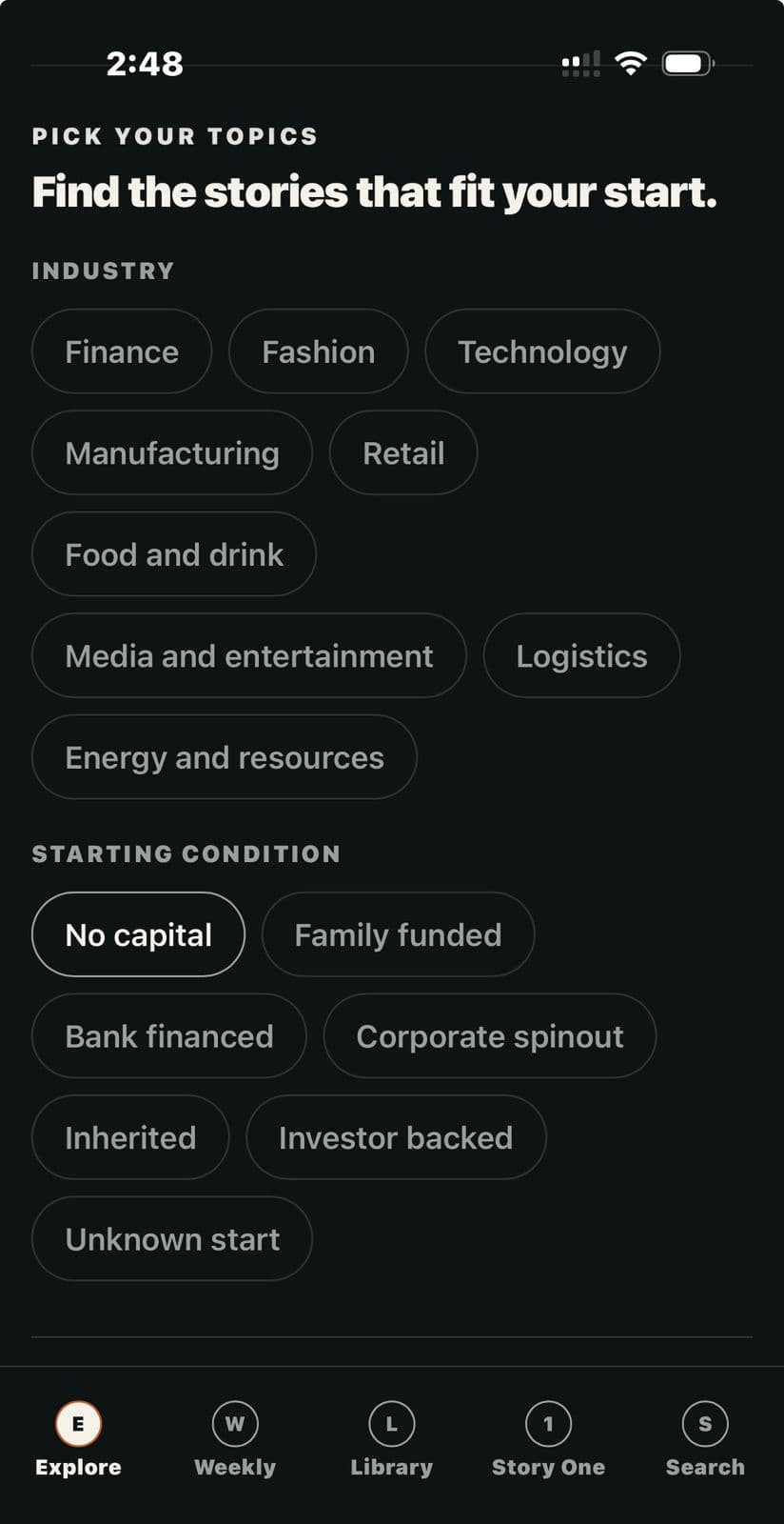 The GloMilBil filter screen, headed Find the stories that fit your start, offering industries such as finance, fashion and technology, and starting conditions including no capital, family funded, inherited and unknown start.